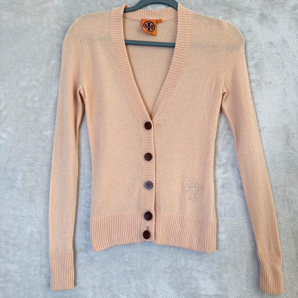 Tory Burch Simone 100% Cashmere Cardigan Womens XXS Pink Quiet Luxury Old Money - Picture 1 of 9
